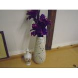 Decorative white vase with purple artificial flowers and chinese jug with lid (a/f)