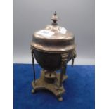 A plated urn with burner with lion head handles