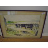 Rex James watercolour farmyard scene, 20" x 14"