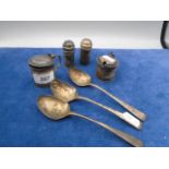 3 early silver spoons London together with 2 lined mustard pots and 2 pepper pots (net weight 163g)