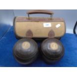 Set of 2 wooden bowling balls in canvas case