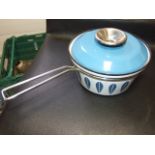 Graduated Set of Catherine Holm Blue & White Enamel Saucepans with metal Stand , Matching