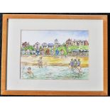 H. Martin Cowan Pen and ink wash of a beach scene with beach huts in the back ground glazed & framed