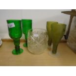 2 Matching green goblets 4 Olive green plus a cut glass bowl/vase 5 1/2" tall