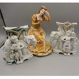 Capodimonte figurine of lady sitting with mirror, approx 10" tall (mirror is loose) and a pair of