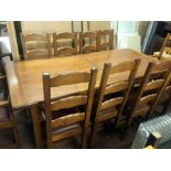 Large Solid Oak Dining Table with 2 extension leaves & 10 Oak Ladder Back Chairs