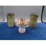 Pair of Wedgwood glass owls and a Wedgwood glass mushroom