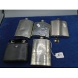 5 Hip flasks inc 1 with Salmon fisher engraved.