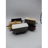 O Gauge Continental JEP luggage van and JEP wagon, German post wagon, and Cattle wagon.