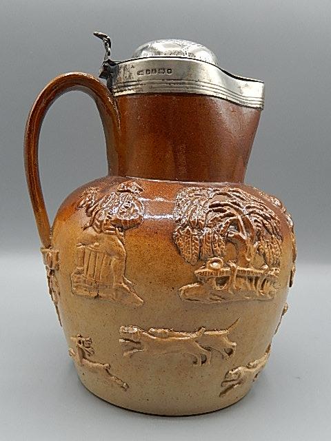 Royal Doulton Lambeth Harvest jug in excellent condition silver lid and handle dated 1851 Henry - Image 2 of 4