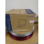 Pampered Chef Trifle bowls in box, and 17 Chargers Red and Silver.