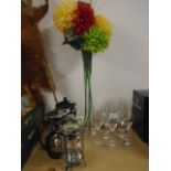 Set of 7 Champagne flutes and tall glass vase with Chrysanthemum flower.