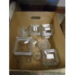 Box of mixed glass wear, and square storage jars.