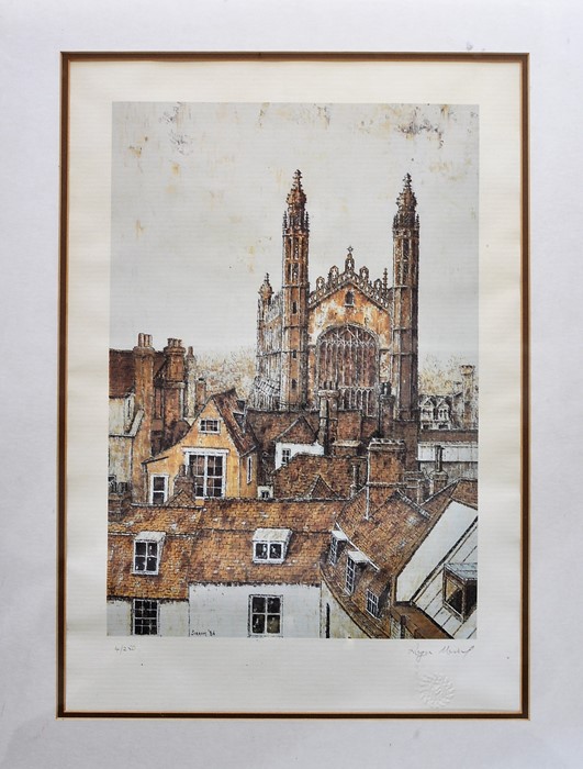 A framed limited print (4/250) roof top view of church SIRAOM '86 signed in pencil Roger Masing 45