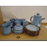 Blue Denby wear coffee set and six mugs, milk, sugar and coffee pot and six plates.