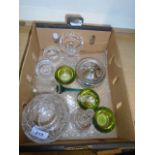 Glass spherical bowl and salt stand, green salt bell x 2 and 3 green salts.