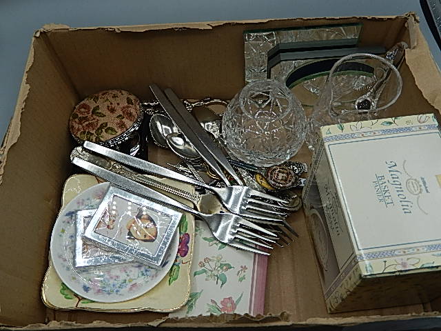 White metal mirror in leather case and round folding mirror, plus 2 pin dishes and the Edwardian