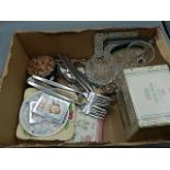 White metal mirror in leather case and round folding mirror, plus 2 pin dishes and the Edwardian