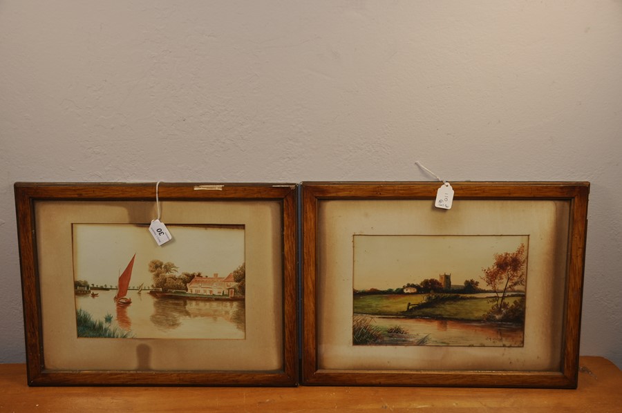 Pair of watercolours by the river G.A Jolly ( Victorian) in Oak frame each 10 x 7".