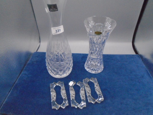 Royal Doulton Carafe, Royal Brierley vase and set of 6 crystal knife rests