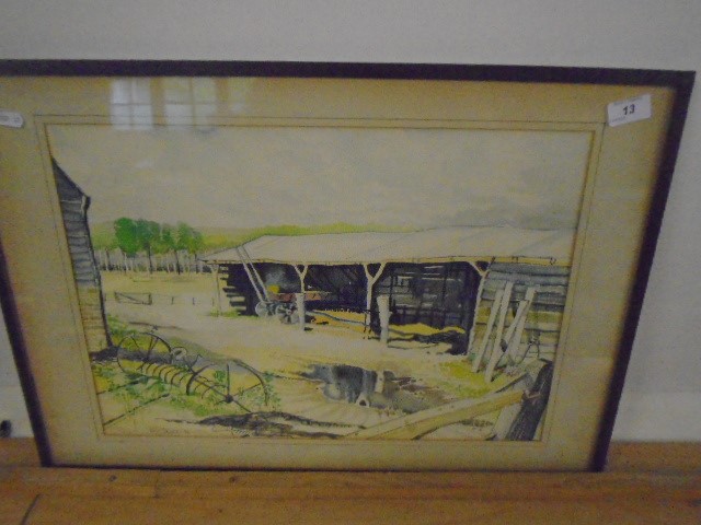 Rex James watercolour farmyard scene, 20" x 14"