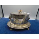 Elkington plate oval biscuit table box with lion handles and fixed on tray