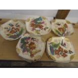Flower and hummingbird patterned 3 compots and 6 matching plates, "reg 2nd April 1889" on base
