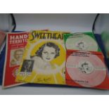2 vintage sheets of music 'Sweetheart and 'The Handsome Territorial' plus 2 vintage 45's of the