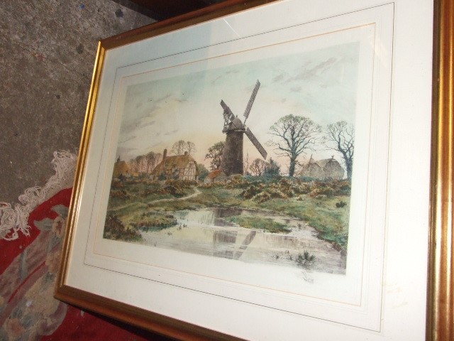 Coloured Print of watermill after Fred Slocombe 29 1/2 x 38 1/2 inches