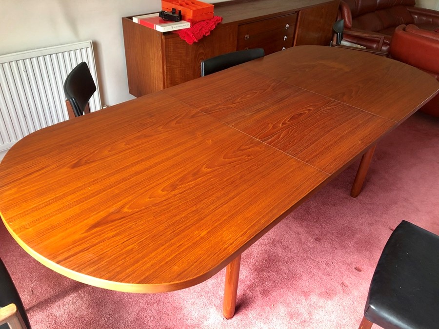 Retro Mid Century Extending Dining Table with one leaf & 6 Chair Frames