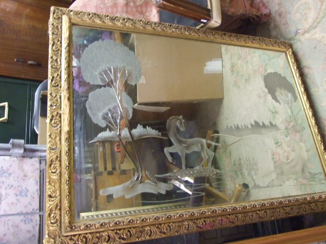 Mirror with engraved horse design ( damage to frame)