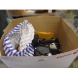 Box of Various camera accessories - including cases, lens caps, batteries, ipad camera connector, SD