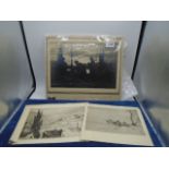 2 original etchings, P Jowell? and vintage photo of a fishing harbour scene