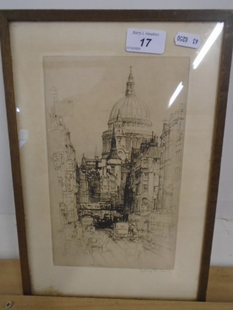 Etching Sydney R Jones Fleet Street/ St Pauls signed on margin 6 x 9 1/2"