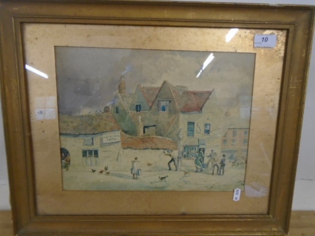 J Smith Watercolour - Town Street scene with figures , signed bottom right 13 1/2 x 10"