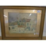 J Smith Watercolour - Town Street scene with figures , signed bottom right 13 1/2 x 10"