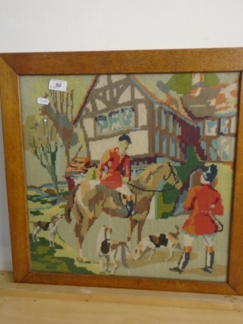 Woolwork/tapestry picture hunting scene, approx 17.5 square inches - Image 2 of 2