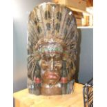 Carved Wooden Indian Head 21 inches tall