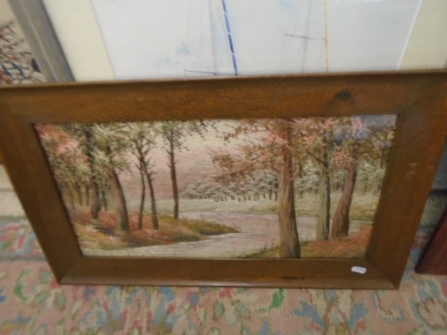A pair of Silk stitched Woodland scene in Oak frames 10 x 20" - Image 2 of 3