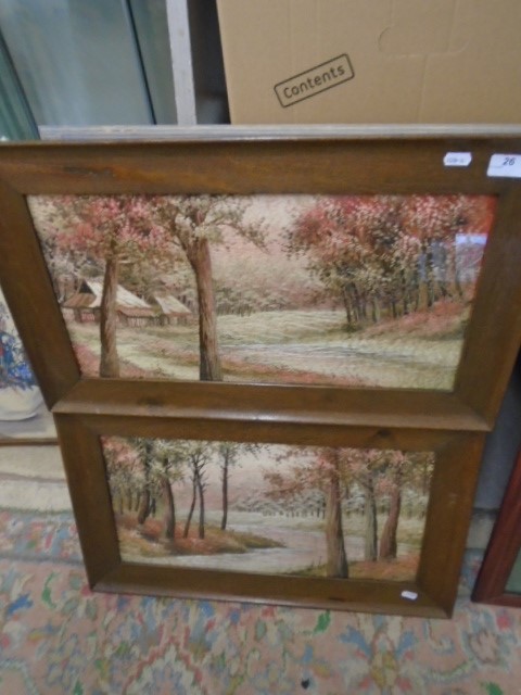 A pair of Silk stitched Woodland scene in Oak frames 10 x 20"