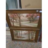 A pair of Silk stitched Woodland scene in Oak frames 10 x 20"