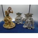 Capodimonte figurine of lady sitting with mirror, approx 10" tall (a/f) and a pair of Staffodshire
