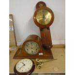 Wood mantle clock (a/f), metamec battery wall clock and a drop ?365day wall clock on wood stand