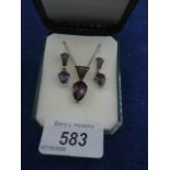 Marcesite and "amethyst" pendant and earrings set