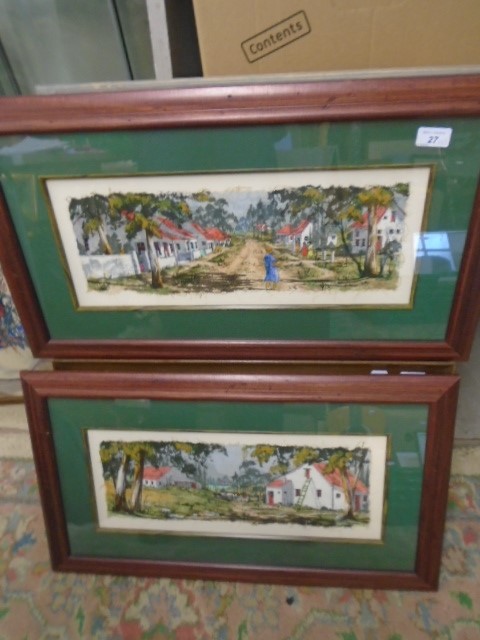 Pair of Hand painted - African Village signed bottom right 19 x 7 "