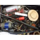 Box of garage / workshop sundries including airhorns