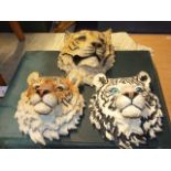 3 Resin Wall Mounted Tiger Heads 10 inches tall