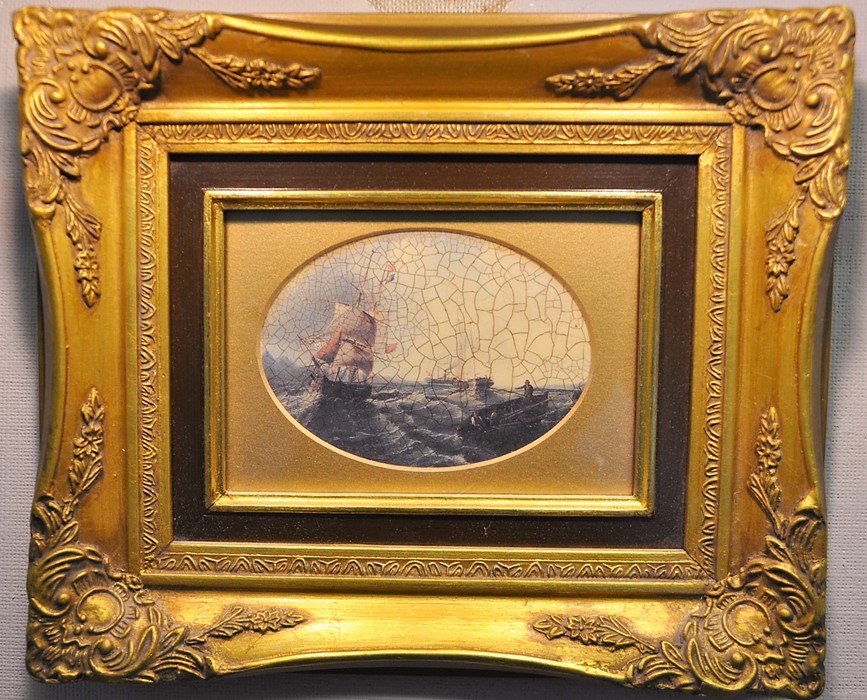 A pair of oilograph seascape pictures in ornate gilt frames, overall sizes 31cm by 26cm plus a