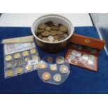 A bowl of mixed Coins mostly British, George V to ER II, including a plastic container of British