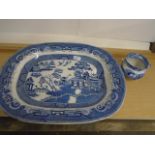 Wardle pratts native scenery pot and stone china willow pattern meat plate (repair to base)